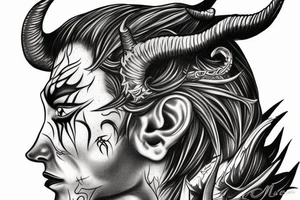 Side profile of demon head with horns whispering in someone’s ear tattoo idea