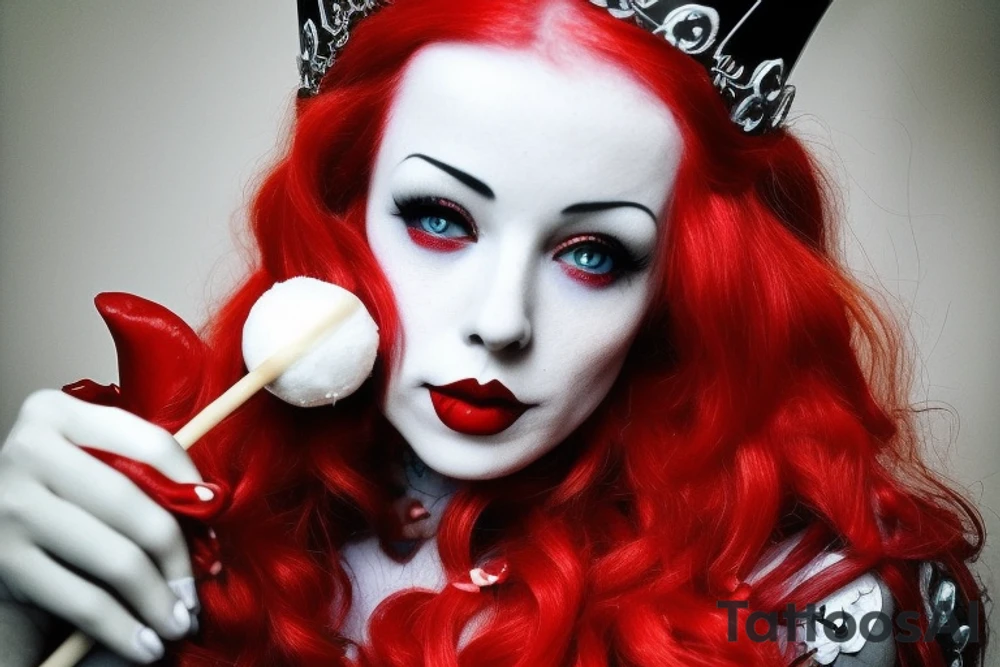 The Red Queen from Alice in wonderland, Beautiful women, with crimson dark vibrant red hair and a crown with harts on it, wearing Gothic detailed down with a red cape made of white roses dripping eith red paint, posing with all croquette mallet that takes the complete form if a dark pink flamingo, very life like. All set in a black white amd grey desolate place. Mostly black and white but hints of vibrant color like in. Tim Burton movie. tattoo idea