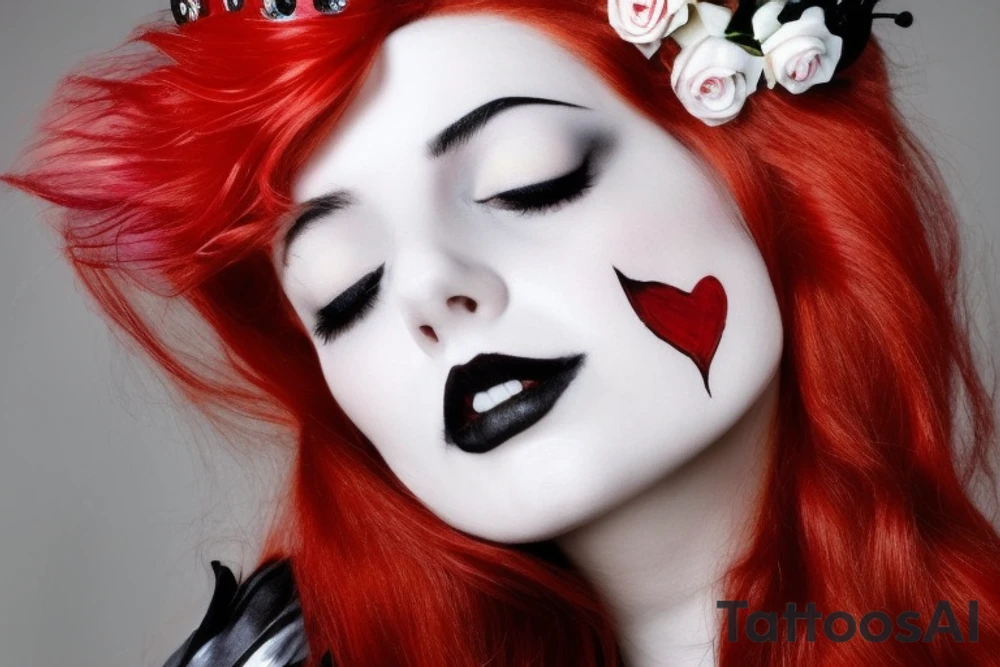 The Red Queen from Alice in wonderland, Beautiful women, with crimson dark vibrant red hair and a crown with harts on it, wearing Gothic detailed down with a red cape made of white roses dripping eith red paint, posing with all croquette mallet that takes the complete form if a dark pink flamingo, very life like. All set in a black white amd grey desolate place. Mostly black and white but hints of vibrant color like in. Tim Burton movie. tattoo idea