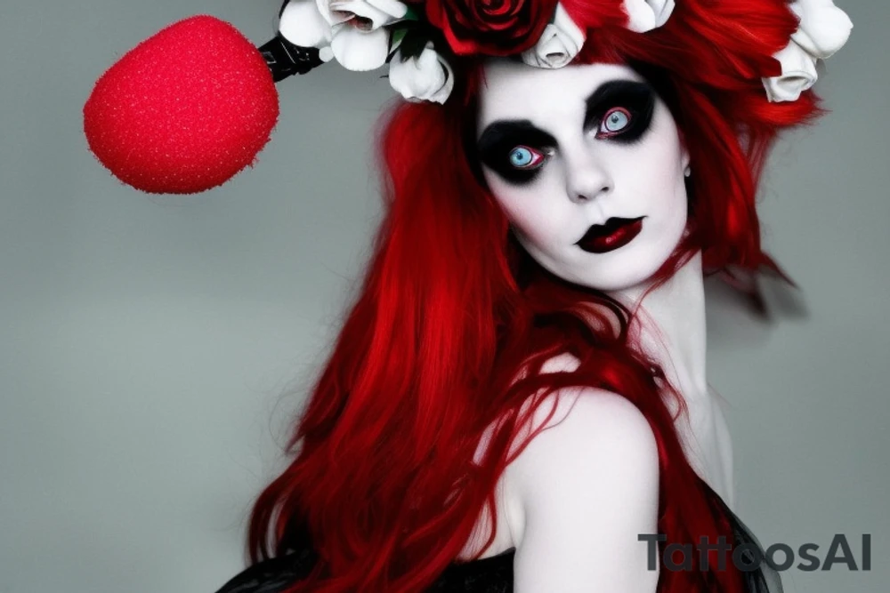 Beautiful Red Queen from Alice in wonderland, full body pose, in gothic like dark crimson, vibrant red hair and a crown with harts on it, wearing Gothic detailed down with a red cape made of white roses dripping eith red paint, posing with all croquette mallet that takes the complete form if a dark pink flamingo, very life like. All set in a black white amd grey desolate place. Mostly black and white but hints of vibrant color like in. Tim Burton movie. tattoo idea