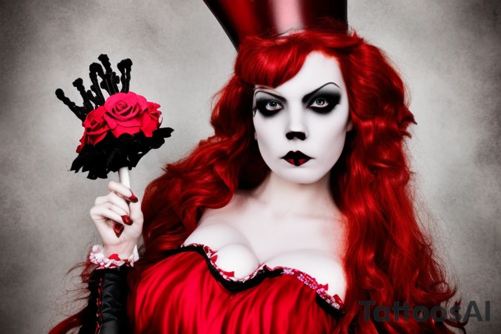 Beautiful Red Queen from Alice in wonderland, full body pose, in gothic like dark crimson, vibrant red hair and a crown with harts on it, wearing Gothic detailed down with a red cape made of white roses dripping eith red paint, posing with all croquette mallet that takes the complete form if a dark pink flamingo, very life like. All set in a black white amd grey desolate place. Mostly black and white but hints of vibrant color like in. Tim Burton movie. tattoo idea