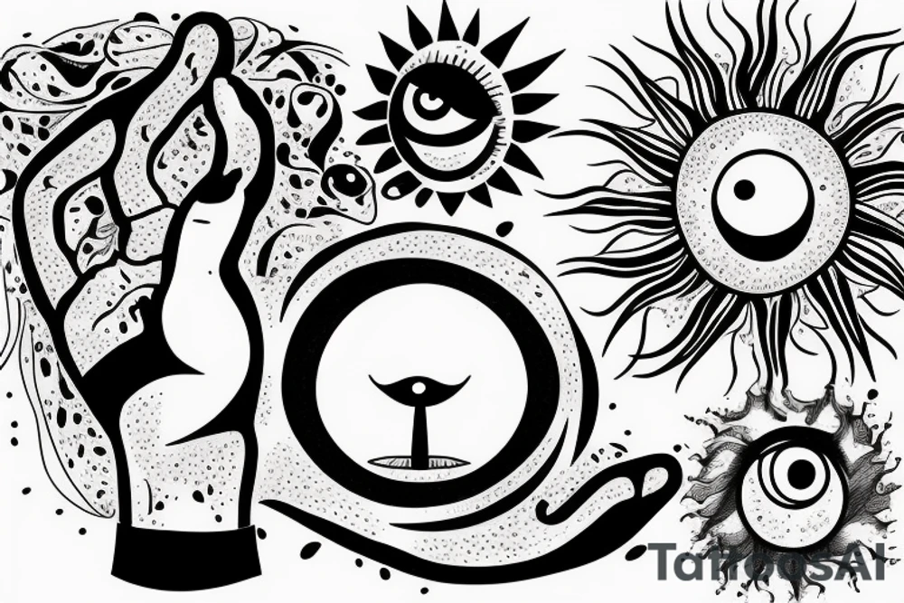 Eye, tree, boundry, sun, two hands holding tattoo idea