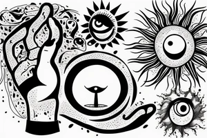 Eye, tree, boundry, sun, two hands holding tattoo idea