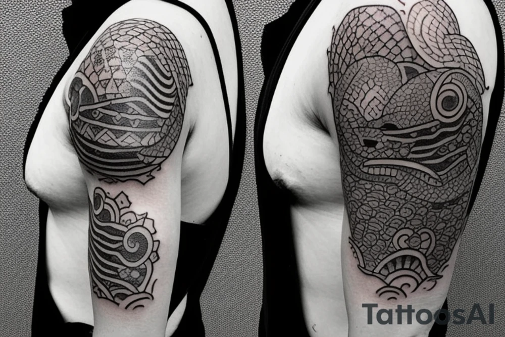 Design a Japanese-style blackwork sleeve tattoo for my entire arm, incorporating a big toad tattoo on my upper arm, a small fox mask on my outer forearm, and a small tribal design on my inner forearm. The background should feature Japanese clouds on the top and waves on the bottom. Use a provided image of my hand as reference. tattoo idea