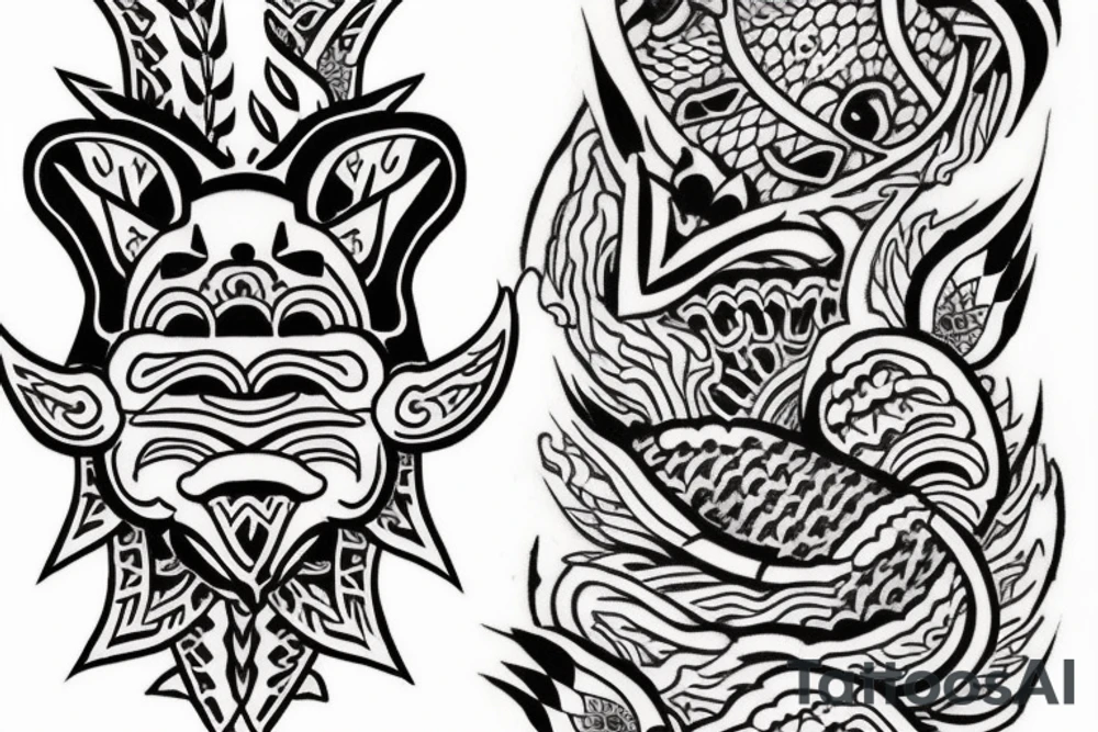 Design a Japanese-style blackwork sleeve tattoo for my entire arm, incorporating a big toad tattoo on my upper arm, a small fox mask on my outer forearm, and a small tribal design on my inner forearm. The background should feature Japanese clouds on the top and waves on the bottom. Use a provided image of my hand as reference. tattoo idea