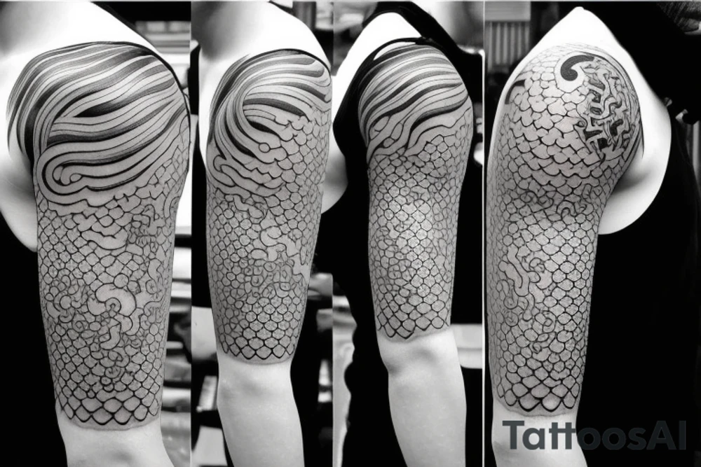 Design a Japanese-style blackwork sleeve tattoo for my entire arm, The background should feature Japanese clouds on the top and waves on the bottom. Use a provided image of my hand as reference. tattoo idea