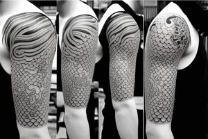 Design a Japanese-style blackwork sleeve tattoo for my entire arm, The background should feature Japanese clouds on the top and waves on the bottom. Use a provided image of my hand as reference. tattoo idea