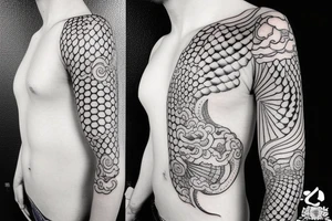Design a Japanese-style blackwork sleeve tattoo for my entire arm, The background should feature Japanese clouds on the top and waves on the bottom. Use a provided image of my hand as reference. tattoo idea