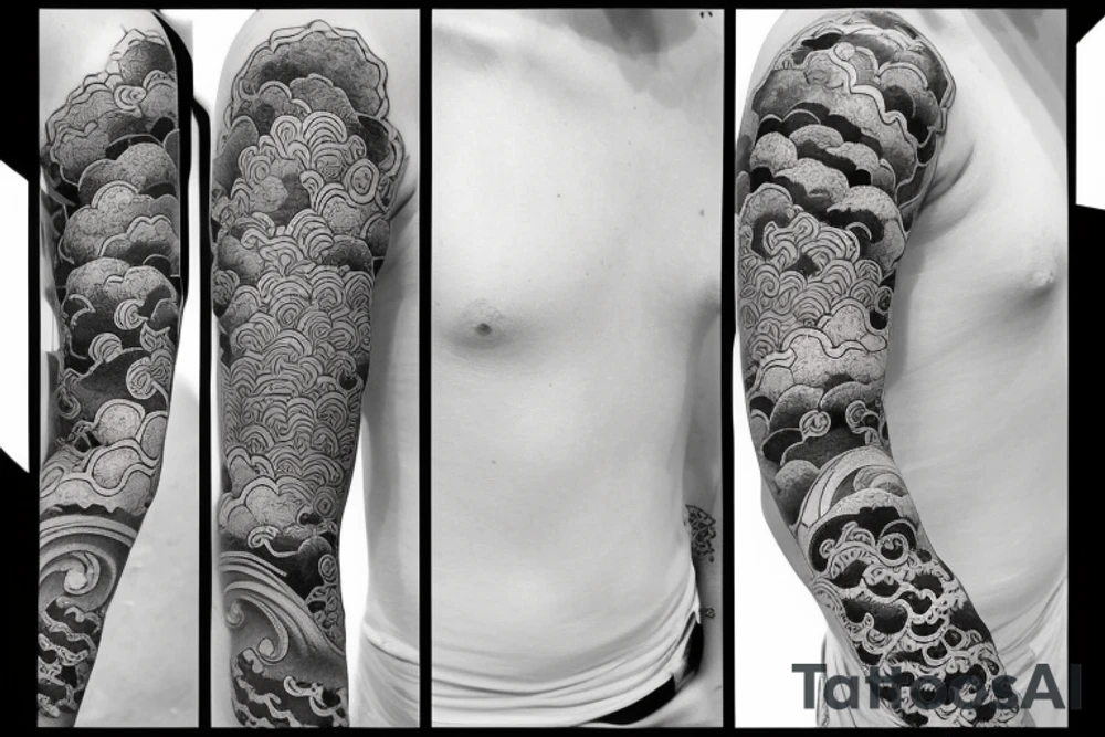 Design a Japanese-style blackwork sleeve tattoo for my entire arm, The background should feature Japanese clouds on the top and waves on the bottom tattoo idea