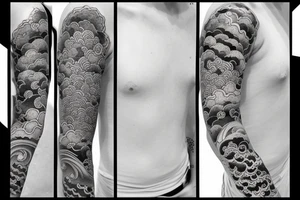 Design a Japanese-style blackwork sleeve tattoo for my entire arm, The background should feature Japanese clouds on the top and waves on the bottom tattoo idea