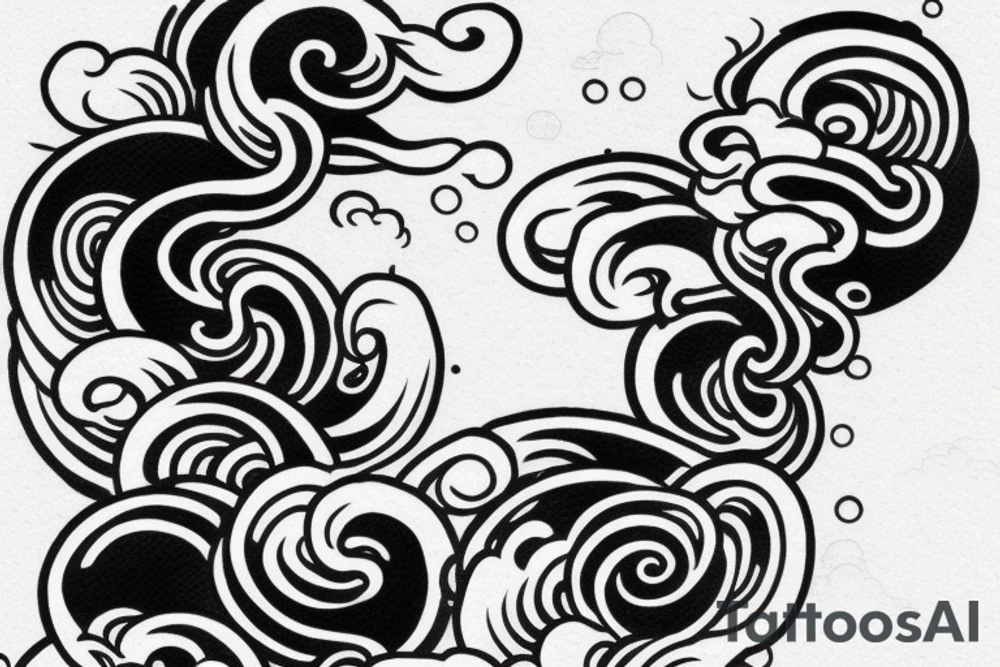 Design a Japanese-style blackwork sleeve tattoo for my entire arm, The background should feature Japanese clouds on the top and waves on the bottom tattoo idea