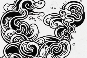 Design a Japanese-style blackwork sleeve tattoo for my entire arm, The background should feature Japanese clouds on the top and waves on the bottom tattoo idea