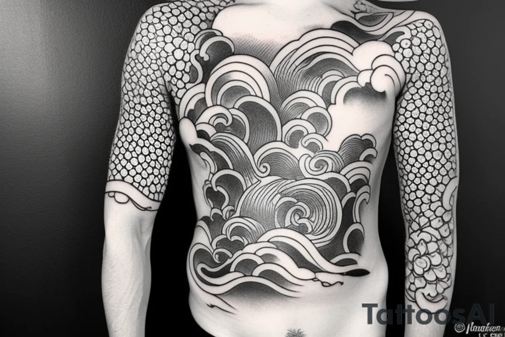 Design a Japanese-style blackwork full sleeve tattoo for my entire arm, The background should feature Japanese clouds on the top and waves on the bottom tattoo idea