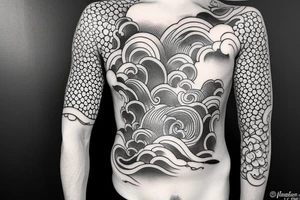 Design a Japanese-style blackwork full sleeve tattoo for my entire arm, The background should feature Japanese clouds on the top and waves on the bottom tattoo idea