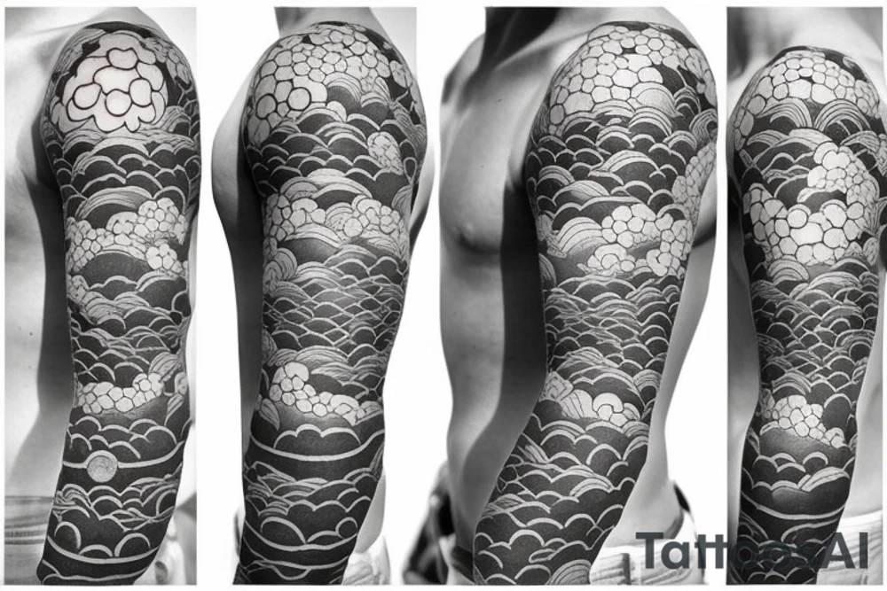 Design a Japanese-style blackwork full sleeve tattoo for my entire arm, The background should feature Japanese clouds on the top and waves on the bottom tattoo idea
