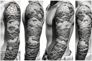 Design a Japanese-style blackwork full sleeve tattoo for my entire arm, The background should feature Japanese clouds on the top and waves on the bottom tattoo idea