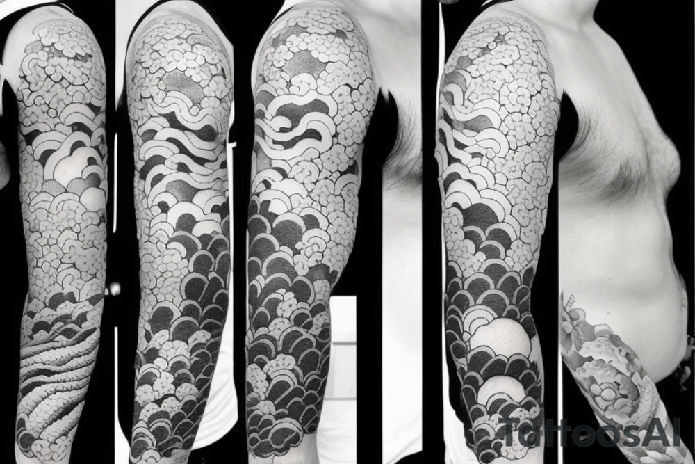 Design a Japanese blackwork full sleeve tattoo for my entire arm, The background should feature Japanese clouds on the top and waves on the bottom tattoo idea