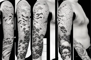 Design a Japanese blackwork full sleeve tattoo for my entire arm, The background should feature Japanese clouds on the top and waves on the bottom tattoo idea