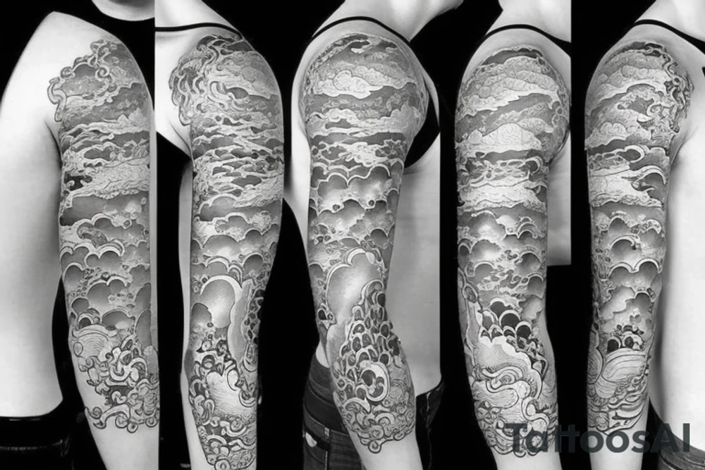 Design a Japanese blackwork full sleeve tattoo for my entire arm, The background should feature Japanese clouds on the top and waves on the bottom tattoo idea