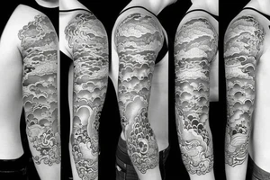 Design a Japanese blackwork full sleeve tattoo for my entire arm, The background should feature Japanese clouds on the top and waves on the bottom tattoo idea