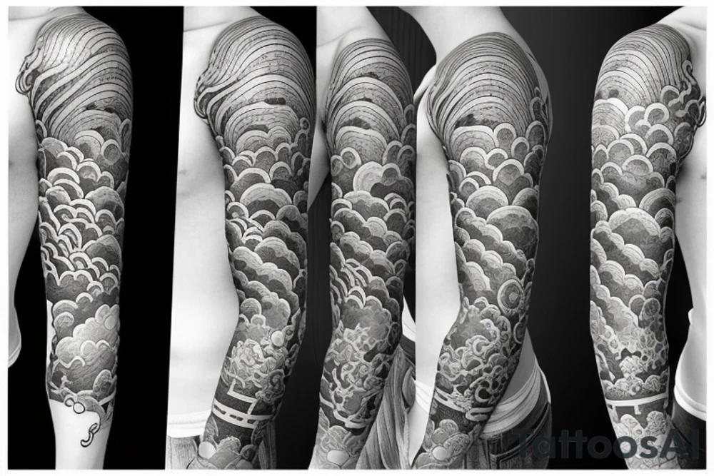 Design a Japanese blackwork full sleeve tattoo for my entire arm, The background should feature Japanese clouds on the top and waves on the bottom tattoo idea