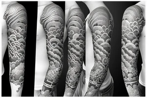 Design a Japanese blackwork full sleeve tattoo for my entire arm, The background should feature Japanese clouds on the top and waves on the bottom tattoo idea