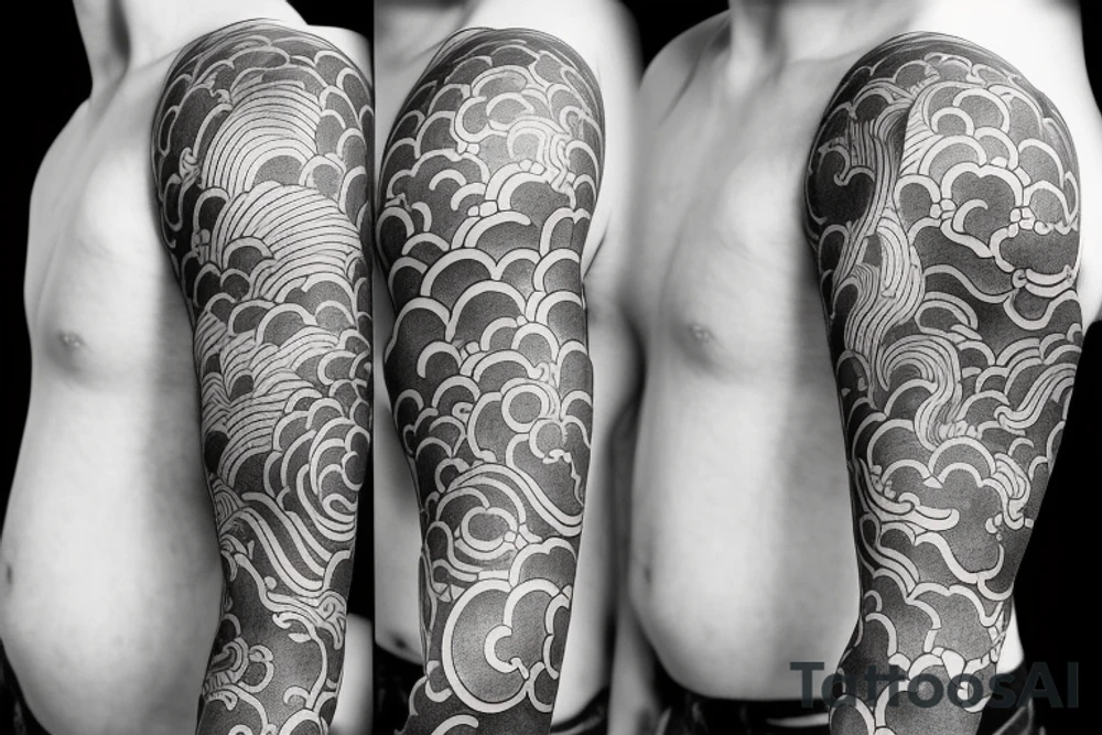 Design a Japanese blackwork full sleeve tattoo for my entire arm, The background should feature Japanese clouds on the top and waves on the bottom tattoo idea