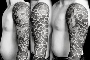 Design a Japanese blackwork full sleeve tattoo for my entire arm, The background should feature Japanese clouds on the top and waves on the bottom tattoo idea