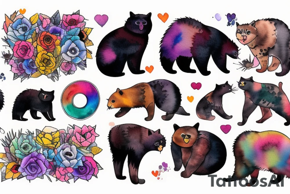 cat, bear, pride, punk music tattoo idea