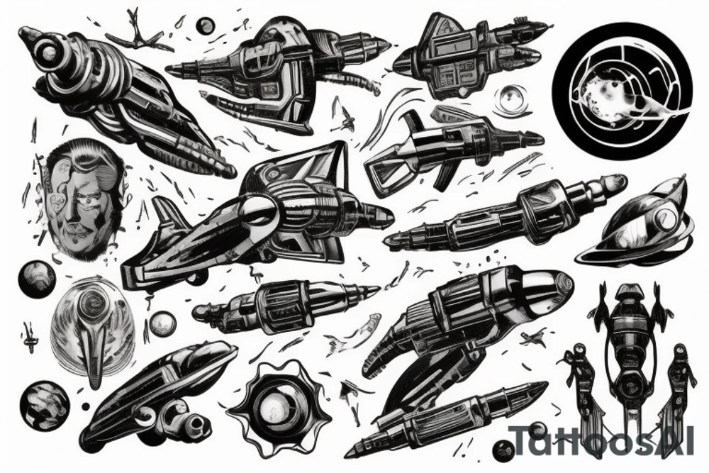 Sci fi pulp artstyle. spaceship ray guns aliens scene tattoo idea