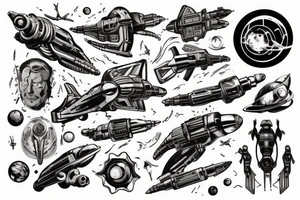 Sci fi pulp artstyle. spaceship ray guns aliens scene tattoo idea