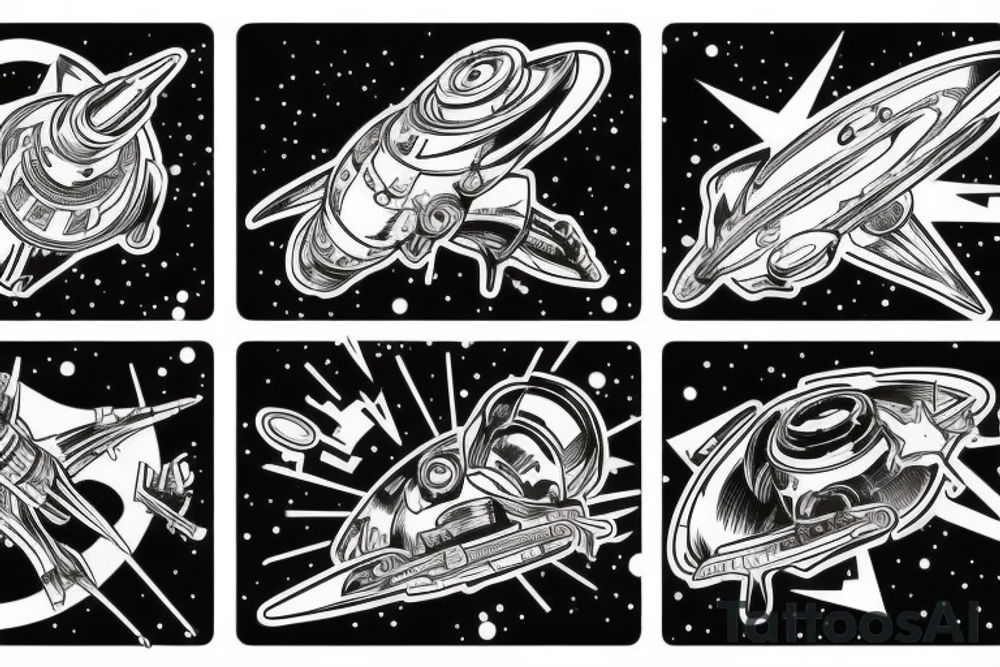Sci fi pulp artstyle. spaceship ray guns aliens scene tattoo idea