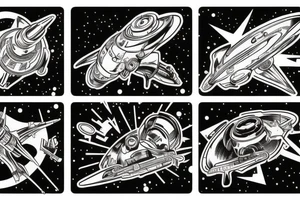 Sci fi pulp artstyle. spaceship ray guns aliens scene tattoo idea