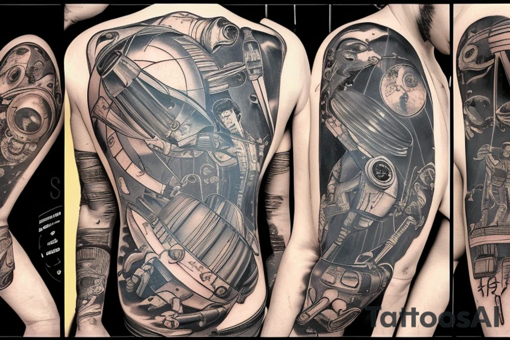 Sci fi pulp artstyle. spaceship ray guns aliens scene tattoo idea