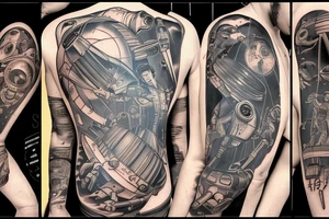Sci fi pulp artstyle. spaceship ray guns aliens scene tattoo idea