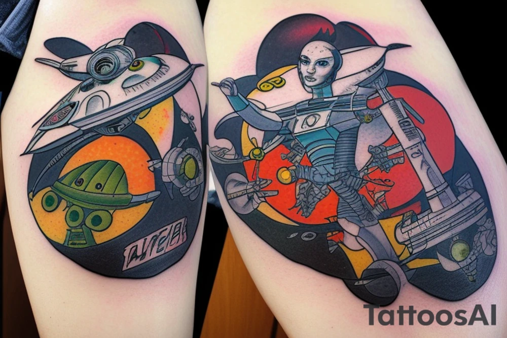 Sci fi pulp artstyle. spaceship ray guns aliens scene tattoo idea