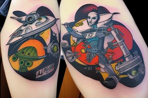 Sci fi pulp artstyle. spaceship ray guns aliens scene tattoo idea
