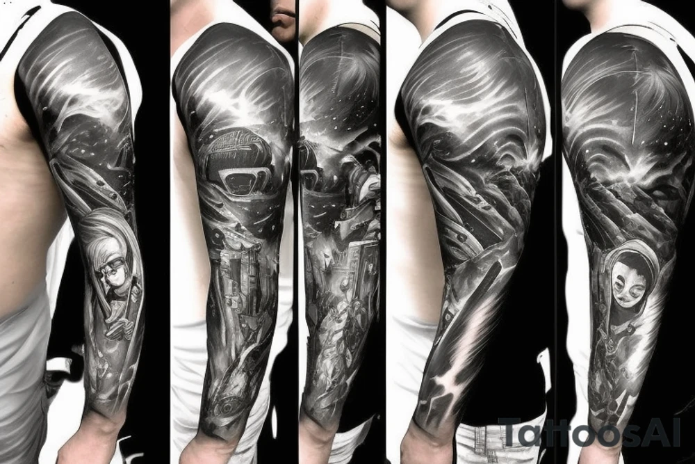 Sci fi pulp artstyle, spaceship, ray guns aliens, scene, full sleeve tattoo idea