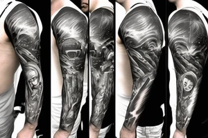 Sci fi pulp artstyle, spaceship, ray guns aliens, scene, full sleeve tattoo idea