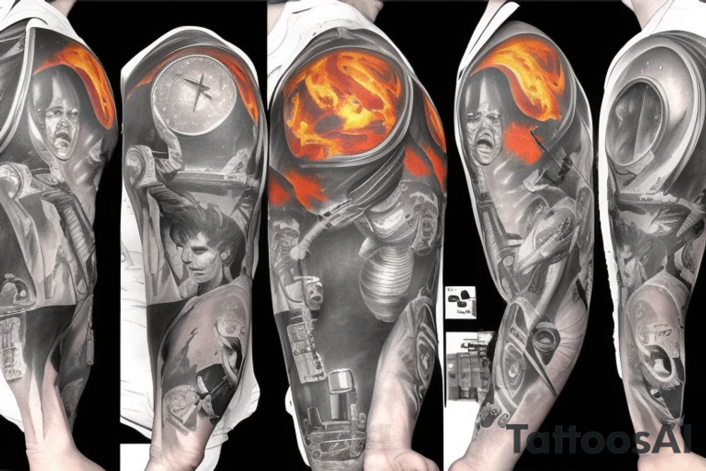 Sci fi pulp artstyle, spaceship, ray guns aliens, scene, full sleeve tattoo idea