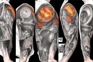 Sci fi pulp artstyle, spaceship, ray guns aliens, scene, full sleeve tattoo idea