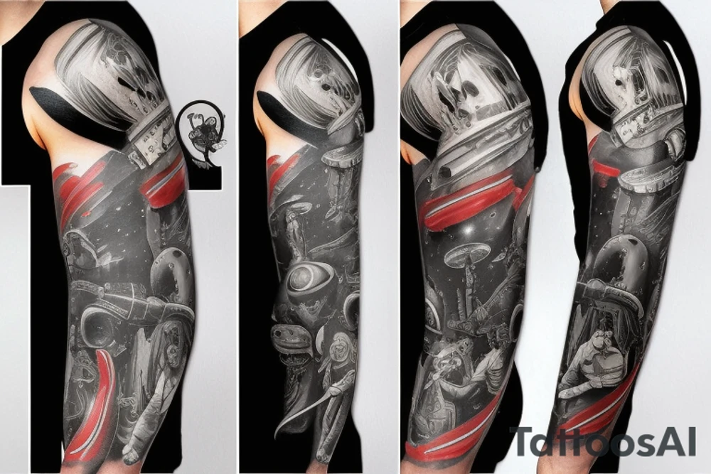 Sci fi pulp artstyle, spaceship, ray guns aliens, scene, full sleeve, full color tattoo idea