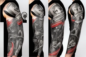 Sci fi pulp artstyle, spaceship, ray guns aliens, scene, full sleeve, full color tattoo idea