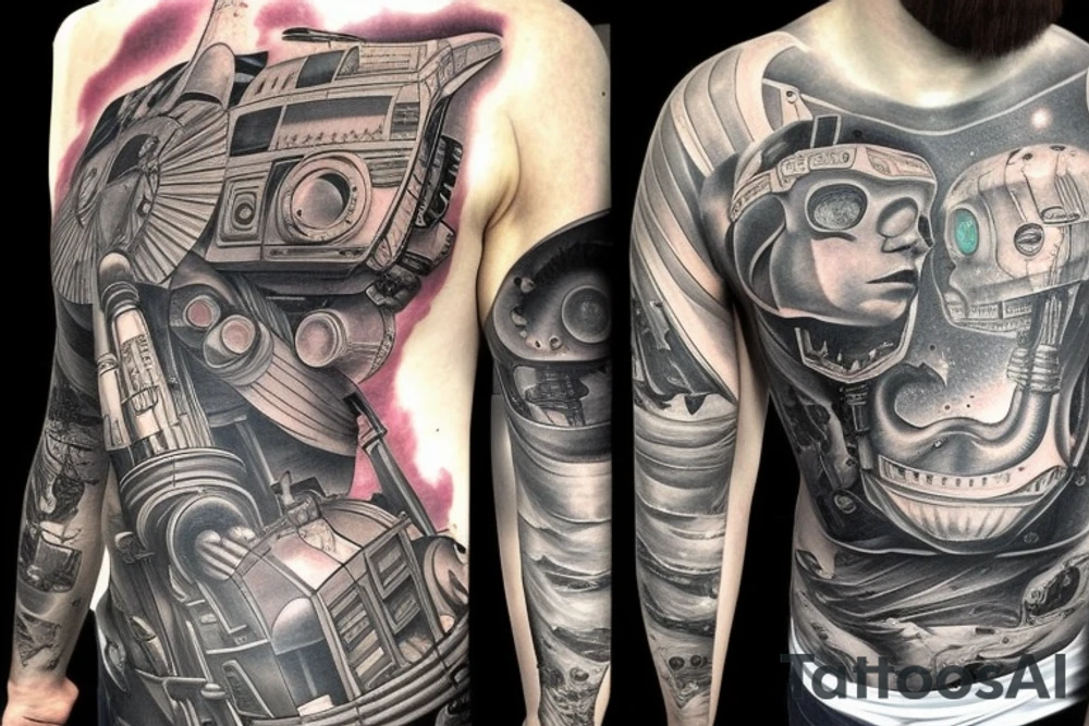 Sci fi pulp artstyle, spaceship, ray guns aliens, scene, full sleeve, full color tattoo idea