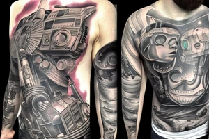 Sci fi pulp artstyle, spaceship, ray guns aliens, scene, full sleeve, full color tattoo idea