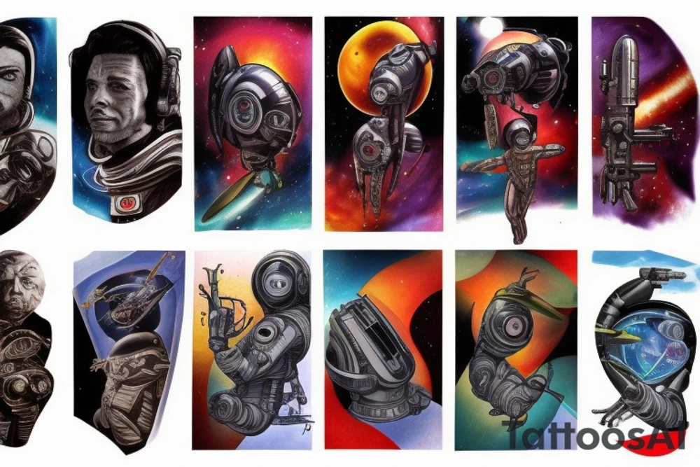 Sci fi pulp artstyle, spaceship, ray guns aliens, scene, full sleeve, full color, spaceman tattoo idea