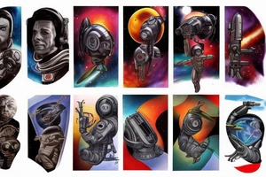 Sci fi pulp artstyle, spaceship, ray guns aliens, scene, full sleeve, full color, spaceman tattoo idea