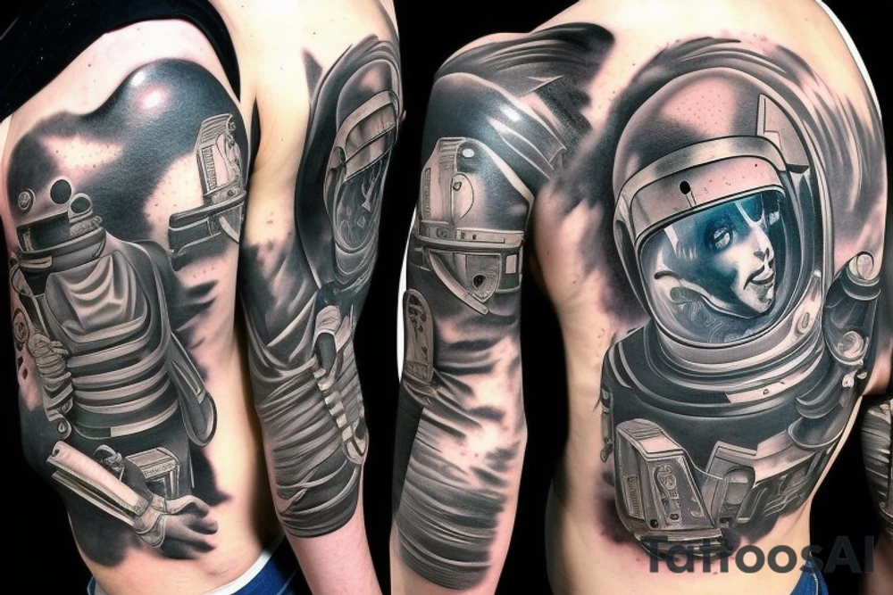 Sci fi pulp artstyle, spaceship, ray guns aliens, scene, full sleeve, full color, spaceman tattoo idea