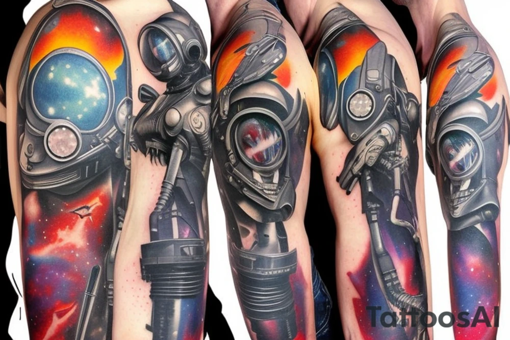 Sci fi pulp artstyle, spaceship, ray guns aliens, scene, full sleeve, full color, spaceman tattoo idea
