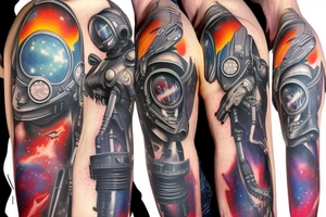 Sci fi pulp artstyle, spaceship, ray guns aliens, scene, full sleeve, full color, spaceman tattoo idea